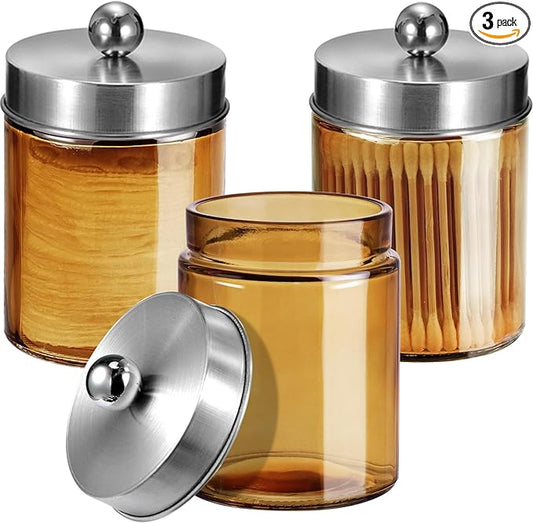 3 Pack Apothecary Jar Canisters Bathroom Vanity Organizer - Qtip Holder Storage Organizer Set Countertop Canister with Stainless Steel Lids &Cute Stickers for Qtips,Cotton Swabs,Makeup Sponges,Floss