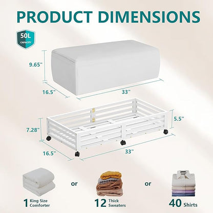 Bamboo Under Bed Storage Containers- Underbed Organizer with Wheels with Large Capacity Dust Bag,Sturdy Wood Rolling Under Bed Shoe Storage Organizer 2 Packs (White, 2 Packs (33.07"×16.54"))