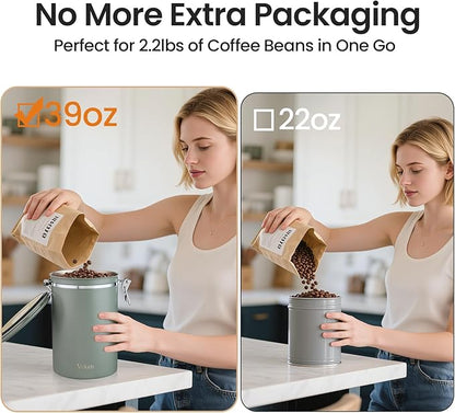 Veken Coffee Canister, 39OZ Large, Airtight Stainless Steel Food Storage Container for 2.2lbs Coffee Beans, Ground, Sugar, Tea, Flour, Cereal, Kitchen Bar Accessories with Date Tracker & Scoop, Green