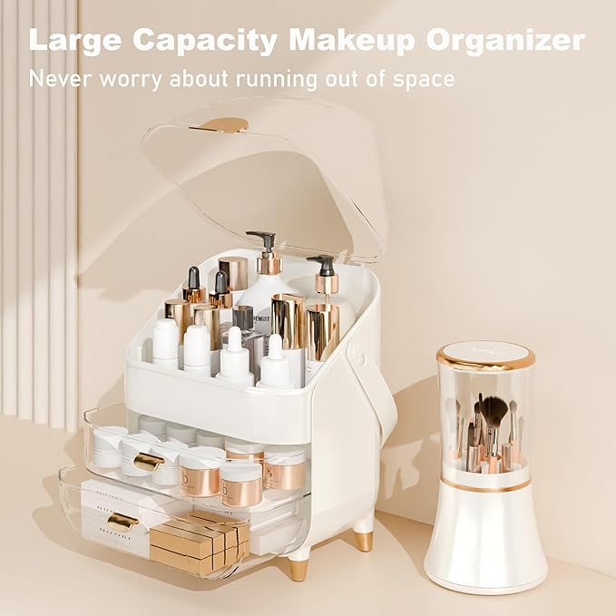 Makeup Organizer Countertop With Lid And Drawers Large Skin Care Cosmetic Display Case Holder for Vanity Desk Bathroom Storage Box Gift for Women Teens Girls,White With Brush Holder