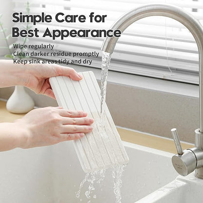 Fast Water Absorption Sink Organizer Tray Set, 3-Pack Compact and Space-Saving Stone Soap Holder Caddy for Kitchen & Bathroom Counter, Faucet Splash Guard, White (1pc of 8"x3.8" + 2pcs of 3.8"x3.8")