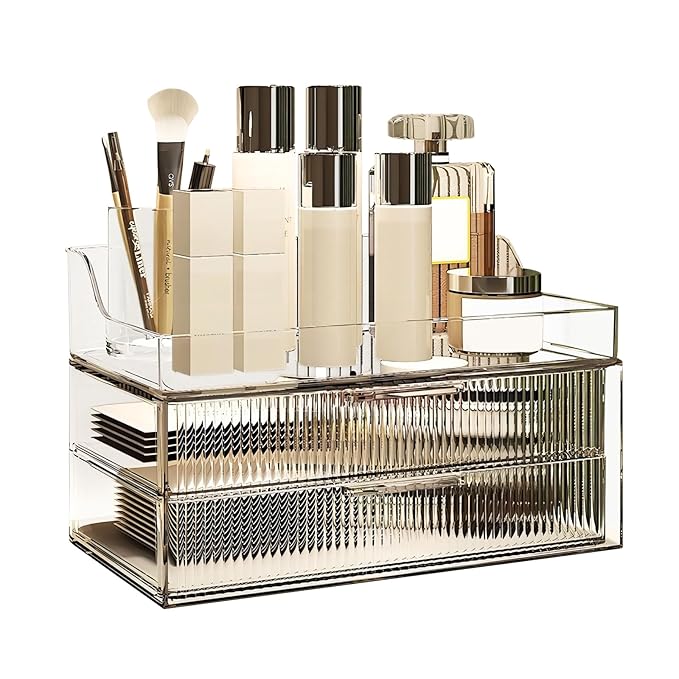 DASITON Clear Dustproof Two layers Storage Box,Makeup Brush Holder,Large Capacity Desktop Storage Box with Drawer,for Beauty Products,Perfume,Jewelry,Nail Polish