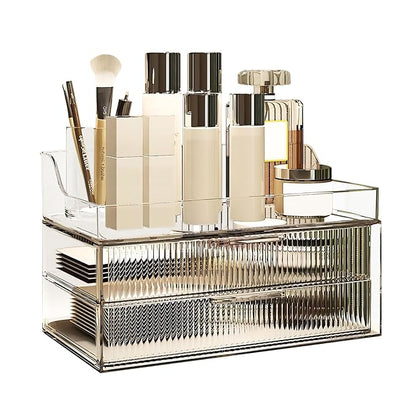 DASITON Clear Dustproof Two layers Storage Box,Makeup Brush Holder,Large Capacity Desktop Storage Box with Drawer,for Beauty Products,Perfume,Jewelry,Nail Polish