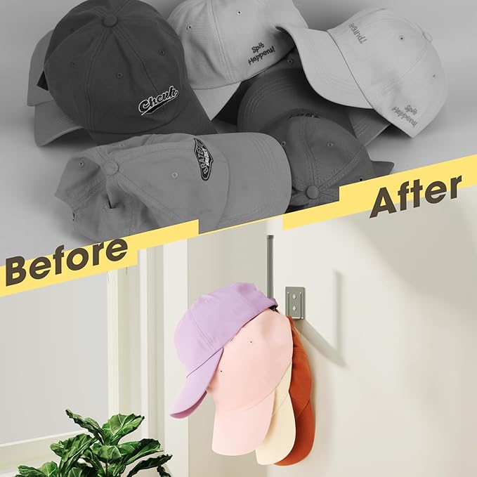 2 Pack Hat Racks for Baseball Caps, Stainless Steel Hat Organizer for Baseball Cap, Hat Holder Storage Organizer, Hat Hanger Strong Adhesive/Wall Drilled for Door, Bedroom, Closet(Light Grey 6 in)
