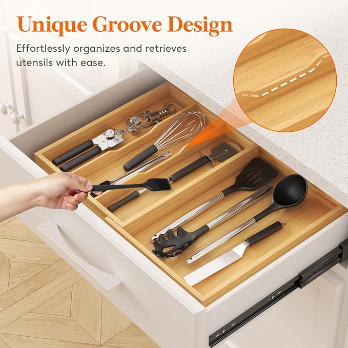 Lifewit Utensil Organizer for Kitchen Drawer, Expandable Cooking Utensil Tray, Cutlery Silverware Flatware Holder, Wood Adjustable Spatula Tools Storage Divider, 30-55 x 40cm, Natural