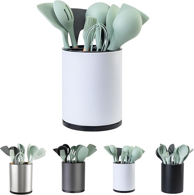 LIBODOUR Kitchen Utensil Holder Extra Large 360°Rotating For Counter Organizer Stainless Steel Storage Cooking Silverware Caddy 3 Compartment Flatware Spoon Spatula Tool Cutlery Container（White）