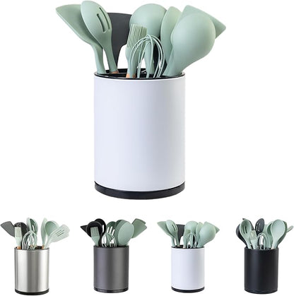 LIBODOUR Kitchen Utensil Holder Extra Large 360°Rotating For Counter Organizer Stainless Steel Storage Cooking Silverware Caddy 3 Compartment Flatware Spoon Spatula Tool Cutlery Container（White）