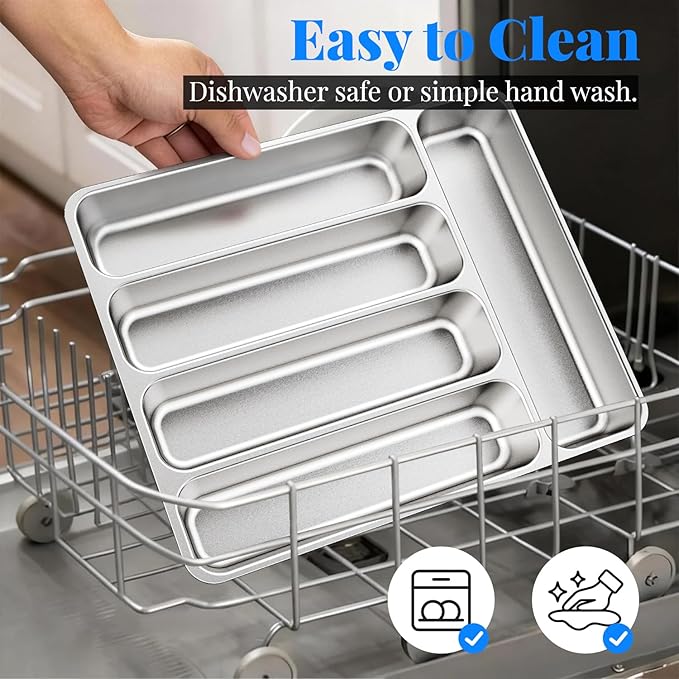 IKOCO 2-Pack Silverware Organizers Stainless Steel Kitchen Drawer Organizer with 5 Compartments, Dishwasher Safe for Spoons Forks Knives (13.8”x11.4”x1.6, Silver)