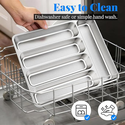 IKOCO 2-Pack Silverware Organizers Stainless Steel Kitchen Drawer Organizer with 5 Compartments, Dishwasher Safe for Spoons Forks Knives (13.8”x11.4”x1.6, Silver)