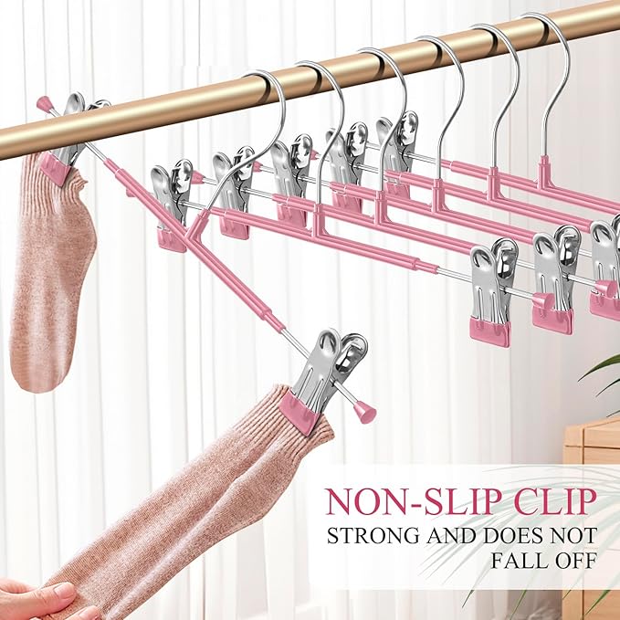14Inch 50PACK Pants Hangers with Clips Adjustable Skirt Hangers for Women Metal Non-Slip Trousers Hanger Heavy Duty Space Saving Clothes Hanger for Shorts,Jeans,Pink