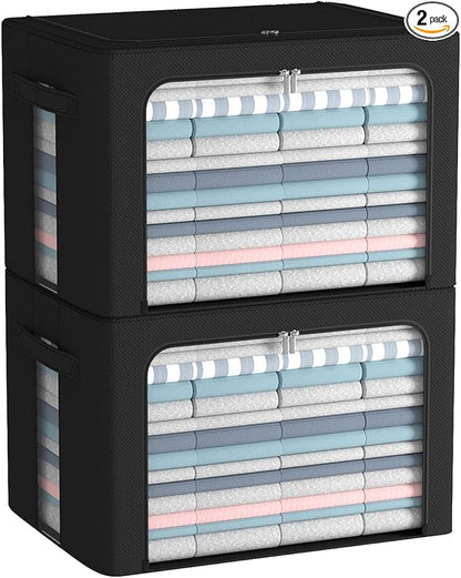 CYhom Clothes Storage Bins Box - Linen Fabric Foldable Stackable Container Organizer Set with Clear Window & Carry Handles & Metal Frame (Black, Large-66L)