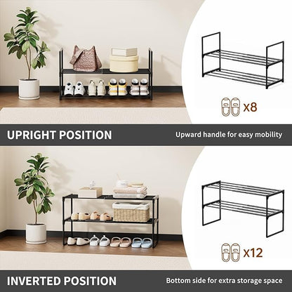 HAIXIN Expandable Shoe Rack - 2 Tier Adjustable Shoe Organizer Storage Shelf for Closet, Upright and Upside Down, Stackable Small Shoe Stand for Entryway, Living Room, Front Door