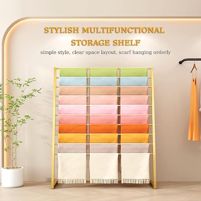 Multi Purpose Silk Scarf Display Stand, Large Capacity Hijab Rack, Floor Standing Pants Storage Organizer, Space Saving, for Home/Cloakroom/Retail Stores,Gold,100x40x145cm