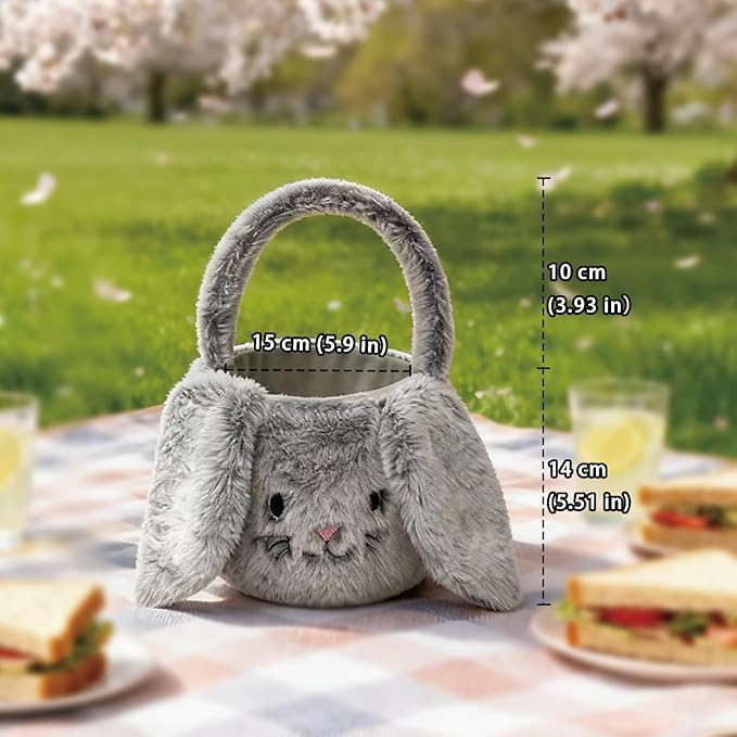 Easter Bunny Basket Plush Decorative Basket for Eggs Candy and Small Gifts (Gray)