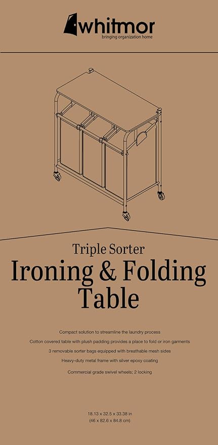 Whitmor 3 Section Rolling Laundry Sorter with Folding Station - Ironing Board, Chrome / Gray