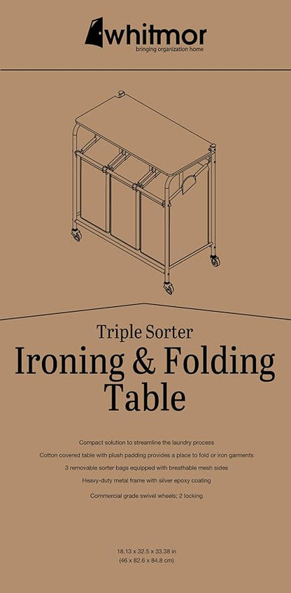 Whitmor 3 Section Rolling Laundry Sorter with Folding Station - Ironing Board, Chrome / Gray
