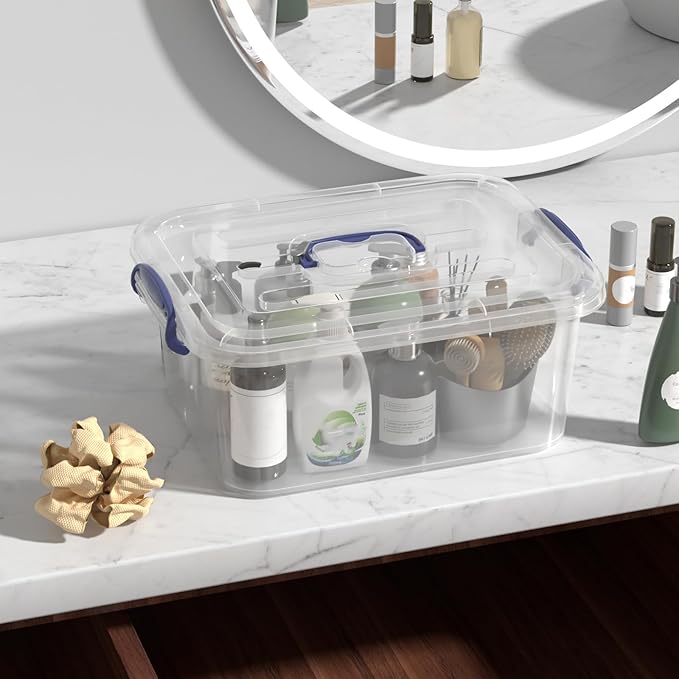 8 Quart Plastic Latching Boxes with Handles, Clear Storage Tote with Lids, 2 Packs