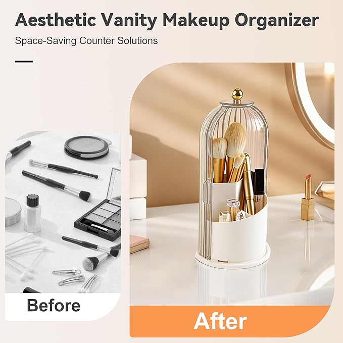 Hvygss 360° Rotating Makeup Brush Holder with Lid, Waterproof Three-Compartment Makeup Organizer, 180° Side-Pull Door Desk Organizer, Dustproof Brush Holder for Vanity and Bathroom (Transparent)