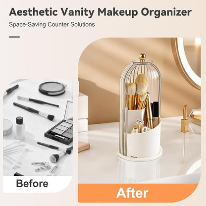 Hvygss 360° Rotating Makeup Brush Holder with Lid, Waterproof Three-Compartment Makeup Organizer, 180° Side-Pull Door Desk Organizer, Dustproof Brush Holder for Vanity and Bathroom (Transparent)