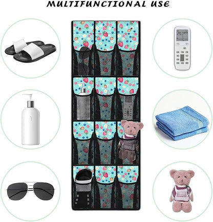 Over the Door Shoe Organizer 12 Large Pockets Strawberry Blueberry Hanging Shoe Organizer for Closet Sturdy Oxford Fabric Shoe Hanger