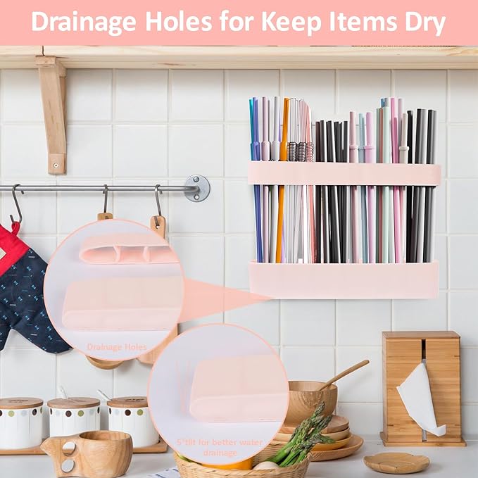 Strong Adhesive Backing Straw Storage Box, Split Type Silicone Straws Dispenser Adjustable Height Straw Holder for Cabinet (Pink)