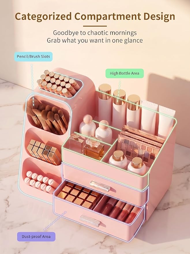 Booklov Makeup Organizer for Vanity, Large Capacity Cosmetic Display Case with Drawers, Countertop Beauty Storage Holder for Skincare, Brush Eyeliner Perfume Eyeshadow Lipsticks, Counter Desk, Pink