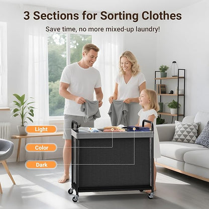 ELYKEN Laundry Hamper 3 Section, 120L Rolling Laundry Sorter with Removable Liner Bag, Laundry Basket with Wheels, Steel Frame with Metal Handle, Clothes Hamper Cart for Laundry Room & Bedroom