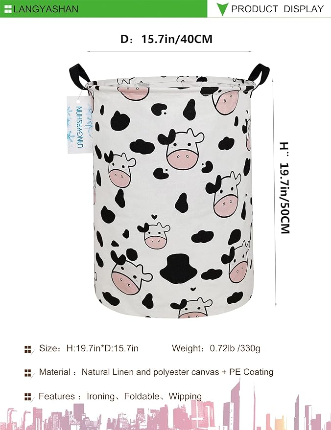 Storage Bin, Canvas Fabric Collapsible Organizer Basket for Laundry Hamper,Toy Bins,Gift Baskets, Bedroom, Clothes,Baby Nursery (Spotted Cow)