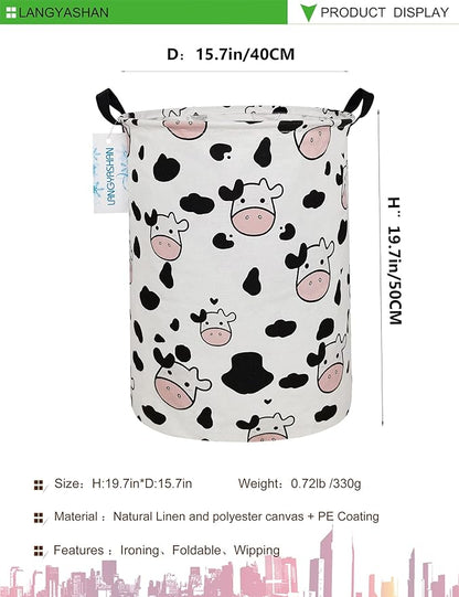 Storage Bin, Canvas Fabric Collapsible Organizer Basket for Laundry Hamper,Toy Bins,Gift Baskets, Bedroom, Clothes,Baby Nursery (Spotted Cow)