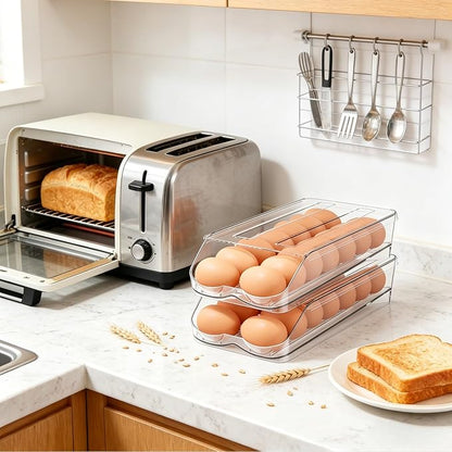 Egg Holder for Fridge,Automatic Rolling Egg Container for Refrigerator,2 Pack Clear Stackable 28-Count Egg Organizer with Lid, Fridge Organizers and Storage