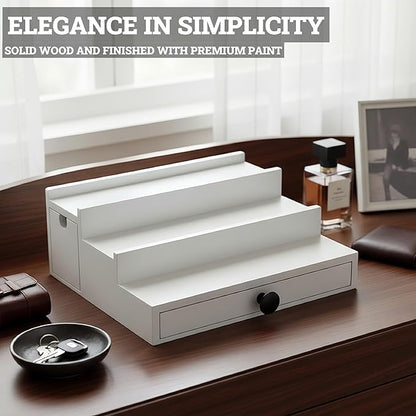 Wooden Cologne Organizer for Men 3 Tier | White Perfume Holder Shelf for Dresser | High Grade Velvet Lining and Stylish Gift Box | Uncluttered Design Perfume Display Stand
