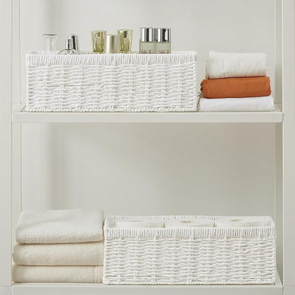 Vagusicc Wicker Storage Basket, Paper Rope Wicker Baskets with Handles, Toilet Paper Basket for Toilet Tank Top, Small Wicke Baskets for Organizing Shelves, 2-Pack, White