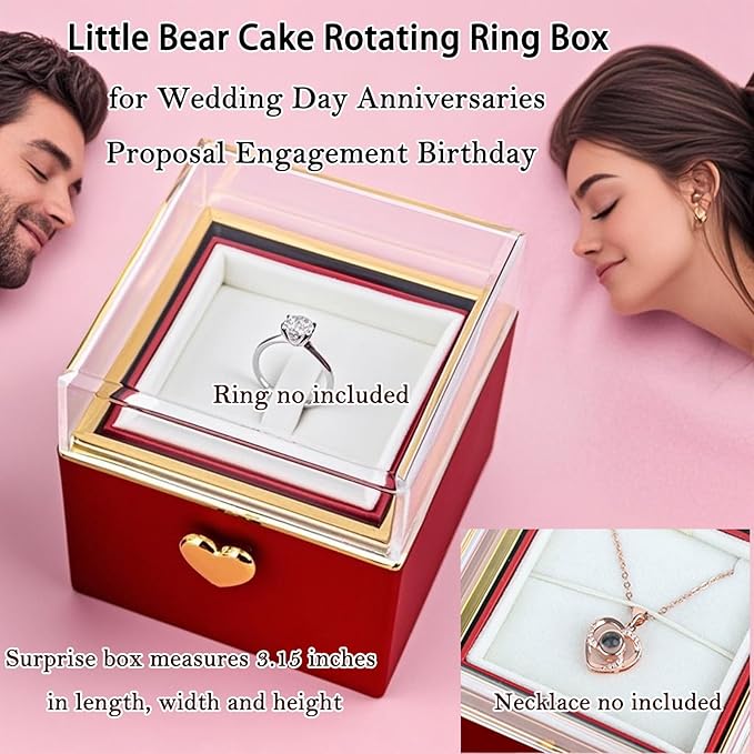 Little Bear Cake Rotating JewelryBox for Proposal - Rotating Ring Box Engagement Ring Box, Surprise Box Ring Bearer Box, necklace box for Birthday,Necklace Holder with Fabric Interior (red)