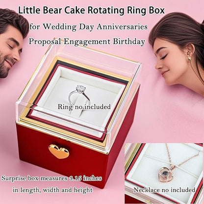 Little Bear Cake Rotating JewelryBox for Proposal - Rotating Ring Box Engagement Ring Box, Surprise Box Ring Bearer Box, necklace box for Birthday,Necklace Holder with Fabric Interior (red)