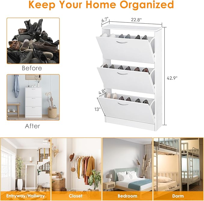 White Narrow Shoe Storage Cabinet - 3-Tier Freestanding Shoe Rack - 3 Flip Drawers Entryway Cupboard Organizer