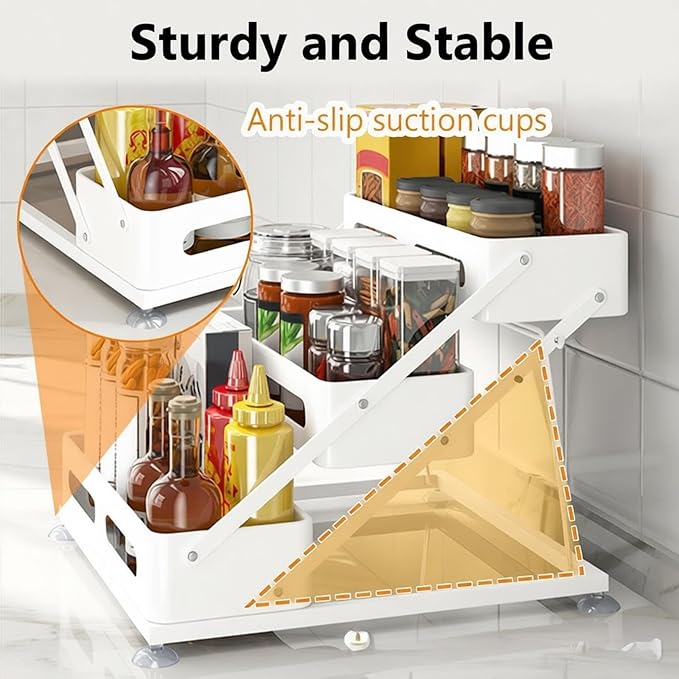 Ceetug 3 Tier Foldable Spice Rack for Countertop Iron Kitchen Seasoning Organizer for Cabinet, White