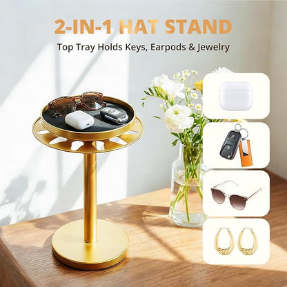 kondyfayo 360° Rotating Hat Organizer for Baseball Caps, Stainless Steel Hat Rack Holder with Top Storage Tray for Small Essentials, Ball Cap Storage Organizer for Closet, Entryway, Display (Gold)