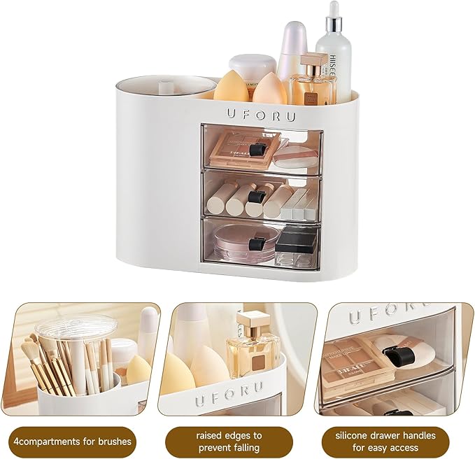 UFORU Makeup Organizer with Pop-Up Brush Holder for Dresser Vanity, Plastic Bathroom Counter Organizer with 3 Drawers & Dust-Proof Cover, Cosmetic Display Case for Lipstick, Skincare, White