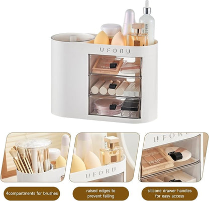 UFORU Makeup Organizer with Pop-Up Brush Holder for Dresser Vanity, Plastic Bathroom Counter Organizer with 3 Drawers & Dust-Proof Cover, Cosmetic Display Case for Lipstick, Skincare, White