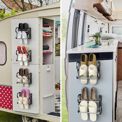 4 Pack Wall Mounted Shoes Rack Wall Shoe Holder Hanging Shoe Organizer Door Hanging Shoe Storage with Sticky Mounts for Camper RV with Hooks No Drilling Black