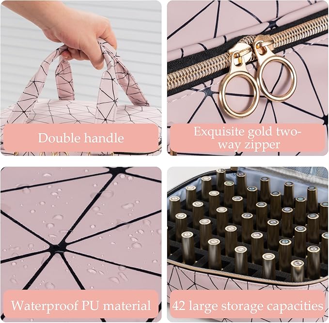Uross Nail Polish Organizer Bag Holds 42 Bottles Nail Polish & Nail Lamp, Gel Nail Polish Organizers and Storage box for Nail Tech, Nail Kit Supplies Organizer Case - Lightpink