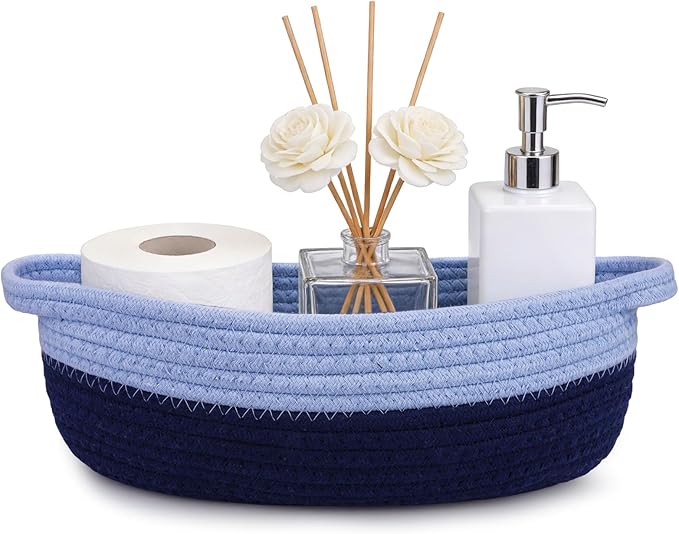 Toilet Paper Basket–Beautiful Blue Woven Bathroom Organizer Toilet Tank Storage Basket, Oval Shelves Rope Cotton Bin with Handles, Decorative Over Bathroom Decor Paper Holder, 13"D x 4.5"H IN