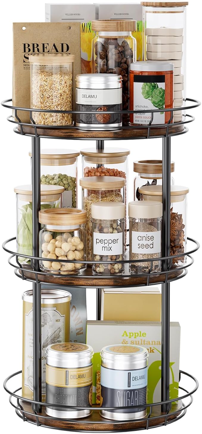 LAMU 10'' Lazy Susan Turntable Organizer, 3 Tier Round Rotating Spice Rack Organization for Kitchen Cabinet and Countertop, Wooden Lazy Susan for Table Top, Pantry, Bathroom, Vanity, Home Decor