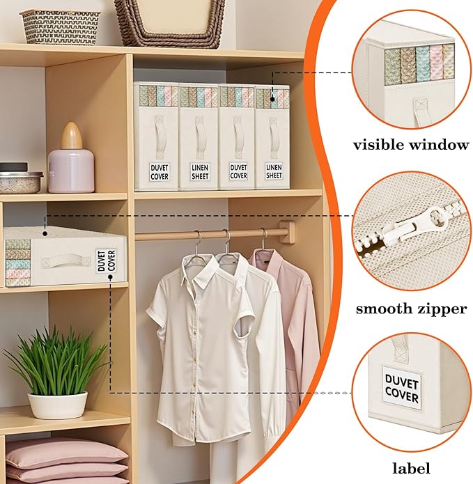 WOWBOX Sheet Organizers and Storage,Closet Bed Sheet Organizer Under Bed Storage and Organization with Label Cards & Clear Window for Bedding Sheets,Duvet Covers,Blankets (10 Pack，Beige)
