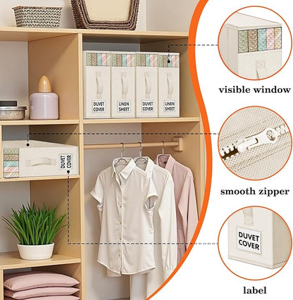 WOWBOX Sheet Organizers and Storage,Closet Bed Sheet Organizer Under Bed Storage and Organization with Label Cards & Clear Window for Bedding Sheets,Duvet Covers,Blankets (10 Pack，Beige)