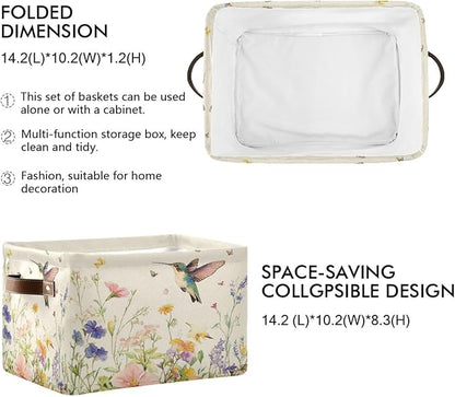 Spring Flowers Hummingbird Storage Basket Decorative Wildflowers Butterfly Summer Fabric Basket Bins Foldable Shelf Closet Storage Box Cube With Handle Organizer Basket For Kids Toys Clothes Bedroom