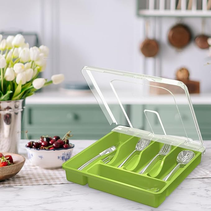 Utensil Holder for Countertop with Lid, Plastic Silverware Tray for Drawer (Green)