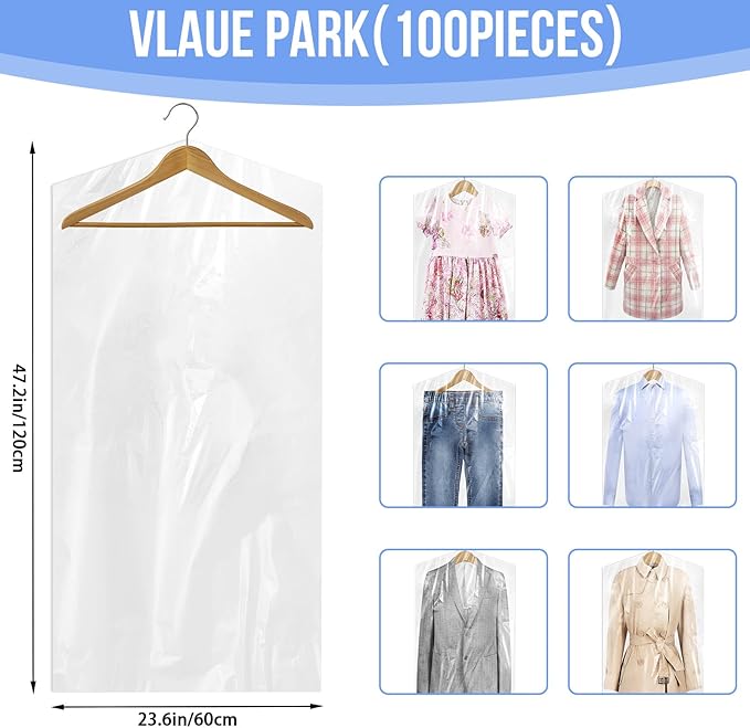 100 Pack Dry Cleaning Bags, 60x120 cm Clear Plastic Garment Bags for Dry Cleaner, Home Storage, Travel, Moving - Dust-proof