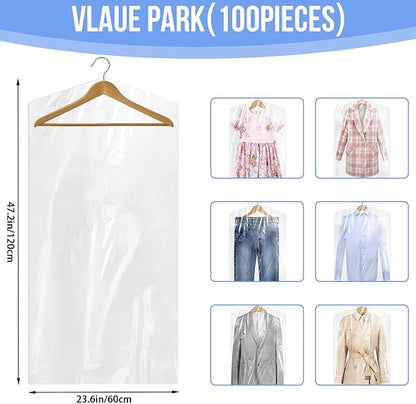 100 Pack Dry Cleaning Bags, 60x120 cm Clear Plastic Garment Bags for Dry Cleaner, Home Storage, Travel, Moving - Dust-proof