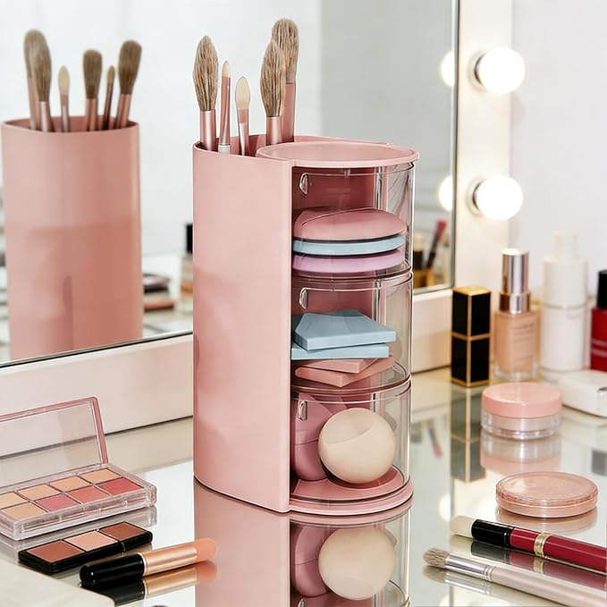 3-Tier Hair Accessories Organizer with Hair Brush Holder, Rotatable Makeup Brush Holder for Necklaces, Earring, Bracelet, Ring, Makeup Brushes, Hair Clip and Hair Accessories(Pink)